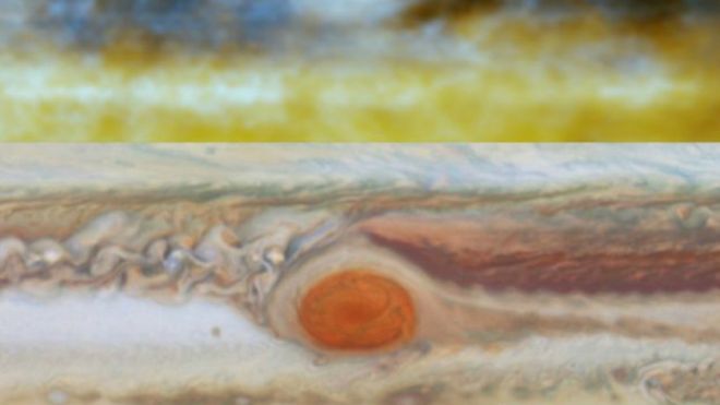 Arriba, una imagen obtenida por los astrónomos estadounidenses que muestra corrientes de amoniaco bajo las nubes de Júpiter. 