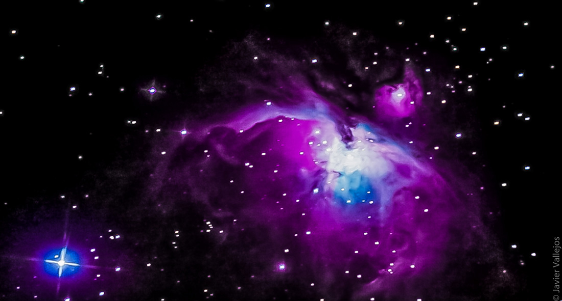 Nebulosa de Orión M42. Datos foto: Telescopio Celestron C10, Montura celestron cg5-gt, Cámara Canon D1200, Adobe Photoshop, Lightroom CC 2015, 16 frames 6seg DSS 3.3.2, Sin guiado.