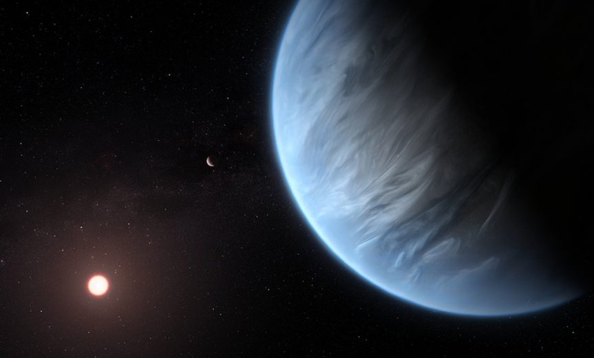 This artist’s impression shows the planet K2-18b, it’s host star and an accompanying planet in this system. K2-18b is now the only super-Earth exoplanet known to host both water and temperatures that could support life. UCL researchers used archive data from 2016 and 2017 captured by the NASA/ESA Hubble Space Telescope and developed open-source algorithms to analyse the starlight filtered through K2-18b’s atmosphere. The results revealed the molecular signature of water vapour, also indicating the presence of hydrogen and helium in the planet’s atmosphere.