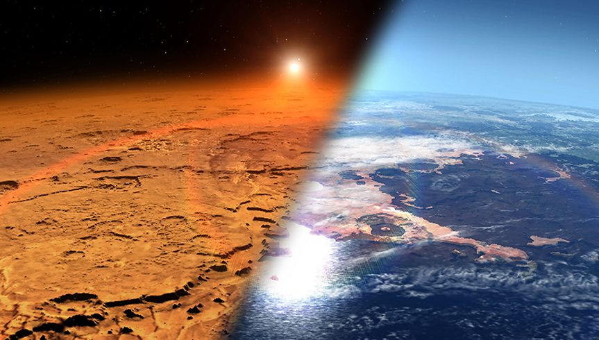 This artistís handout concept released by NASA on March 30, 2017 depicts the early Martian environment(R) ñ believed to contain liquid water and a thicker atmosphere ñ versus the cold, dry environment seen at Mars today (L). 
NASA's Mars Atmosphere and Volatile Evolution is in orbit of the Red Planet to study its upper atmosphere, ionosphere and interactions with the sun and solar wind. Solar wind and radiation are responsible for stripping the Martian atmosphere, transforming Mars from a planet that could have supported life billions of years ago into a frigid desert world, according to new results from NASA's MAVEN spacecraft. / AFP PHOTO / NASA / Handout / RESTRICTED TO EDITORIAL USE - MANDATORY CREDIT AFP PHOTO / NASA/GODDARD SPACE FLIGHT CENTER - NO MARKETING - NO ADVERTISING CAMPAIGNS - DISTRIBUTED AS A SERVICE TO CLIENTS