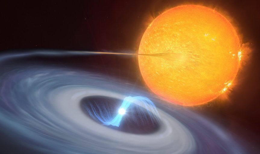 This artist’s impression shows a two-star system where micronovae may occur. The blue disc swirling around the bright white dwarf in the centre of the image is made up of material, mostly hydrogen, stolen from its companion star. Towards the centre of the disc, the white dwarf uses its strong magnetic fields to funnel the hydrogen towards its poles. As the material falls on the hot surface of the star, it triggers a micronova explosion, contained by the magnetic fields at one of the white dwarf’s poles.