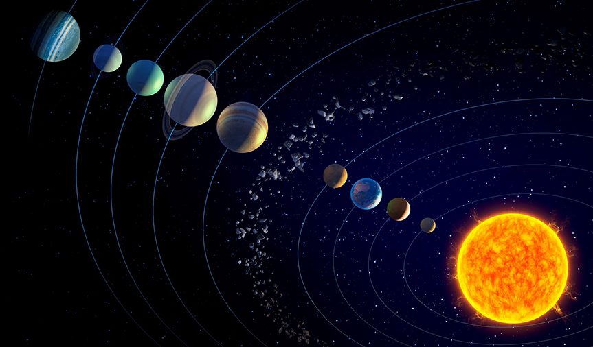 Solar system including the hypothetical ninth planet X, illustration.