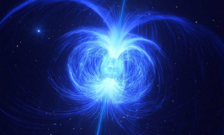 This artist impression shows HD 45166, a massive star recently discovered to have a powerful magnetic field of 43 000 gauss, the strongest magnetic field ever found in a massive star. Intense winds of particles blowing away from the star are trapped by this magnetic field, enshrouding the star in a gaseous shell as illustrated here. Astronomers believe that this star will end its life as a magnetar, a compact and highly magnetic stellar corpse. As HD 45166 collapses under its own gravity, its magnetic field will strengthen, and the star will eventually become a very compact core with a magnetic field of around 100 trillion gauss — the most powerful type of magnet in the Universe. HD 45166 is part of a binary system. In the background, we get a glimpse of HD 45166’s companion, a normal blue star that has been found to orbit at a far larger distance than previously reported.