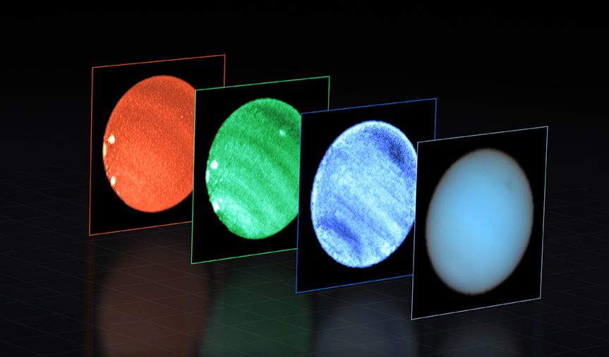 This image shows Neptune observed with the MUSE instrument at ESO’s Very Large Telescope (VLT). At each pixel within Neptune, MUSE splits the incoming light into its constituent colours or wavelengths. This is similar to obtaining images at thousands of different wavelengths all at once, which provides a wealth of valuable information to astronomers. The image to the right combines all colours captured by MUSE into a “natural” view of Neptune, where a dark spot can be seen to the upper-right. Then we see images at specific wavelengths: 551 nanometres (blue), 831 nm (green), and 848 nm (red); note that the colours are only indicative, for display purposes. The dark spot is most prominent at shorter (bluer) wavelengths. Right next to this dark spot MUSE also captured a small bright one, seen here only in the middle image at 831 nm and located deep in the atmosphere. This type of deep bright cloud had never been identified before on the planet. The images also show several other shallower bright spots towards the bottom-left edge of Neptune, seen at long wavelengths. Imaging Neptune’s dark spot from the ground was only possible thanks to the VLT’s Adaptive Optics Facility, which corrects the blur caused by atmospheric turbulence and allows MUSE to obtain crystal clear images. To better highlight the subtle dark and bright features on the planet, the astronomers carefully processed the MUSE data, obtaining what you see here.